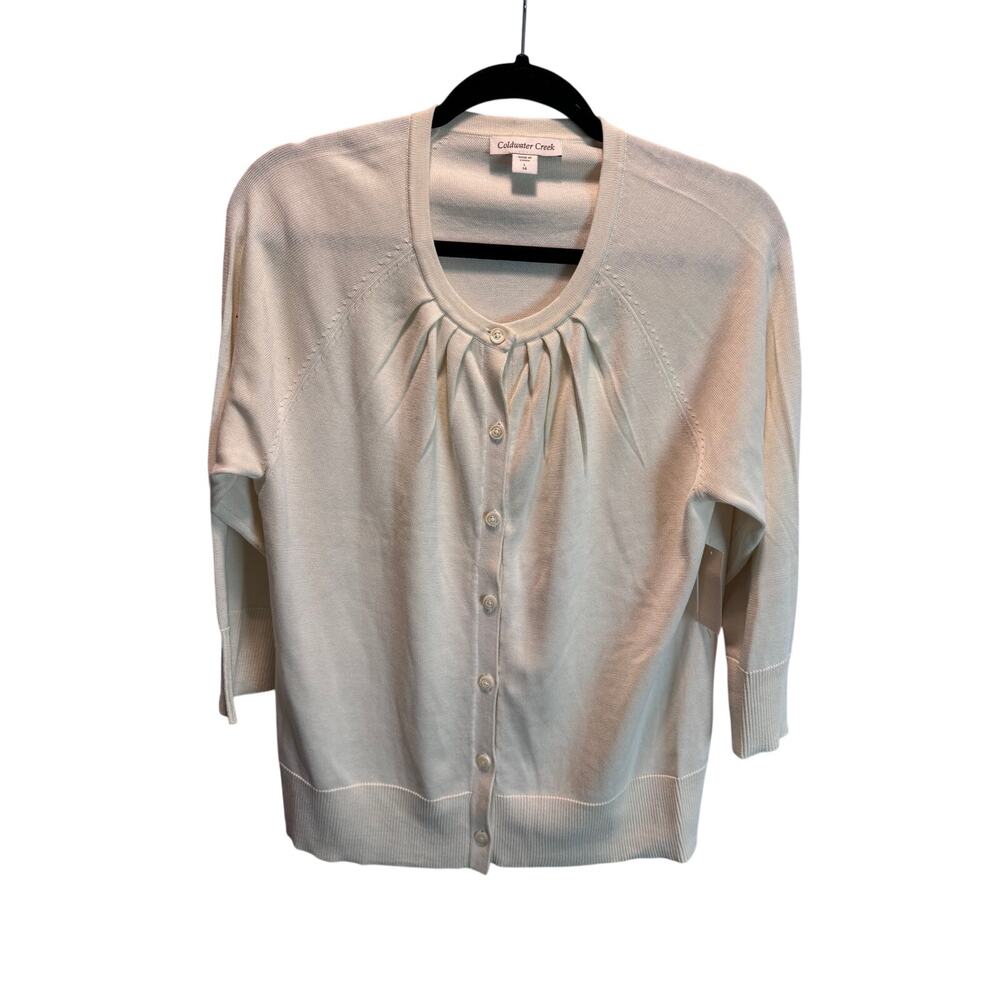 Coldwater Creek Silk Cotton Cardigan Sweater Ivory Off White NWT Size L 14 Pleat